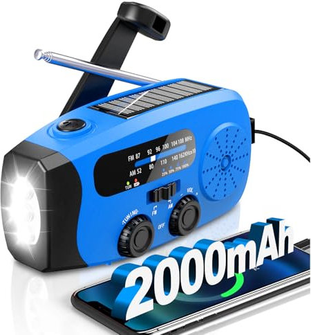Wind Up Solar Radio, Emergency Radio, Portable Hand Crank Radio, AM/FM Radio with LED Torch, 2000mAh Rechargeable Power Bank, SOS Alarm, USB Phone Charger, Emergency Use for Camping, Hiking (Blue)