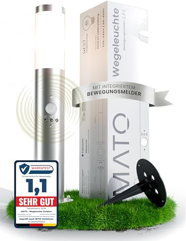 MATO Wegeleuchte mit Bewegungsmelder - inkl. Erdspieß, E27 Fassung, Höhe 50 cm - Outdoor Pollerleuchte aus Edelstahl IP44 - Wegleuchten Außen, Sockelleuchte, Standleuchte, Gehwegleuchten Außen