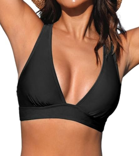 CUPSHE Damen Bikini Top V Ausschnitt Cross Back Lace Up Bademode Bikini Oberteil Schwarz M