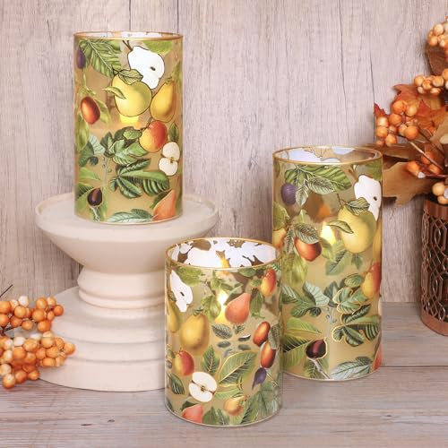 GORGE MOMENT Velas LED sin llama con temporizador remoto, calcomanía de pera de manzana, velas parpadeantes que funcionan con pilas, para decoración del hogar, habitación, fiesta, Pascua, boda
