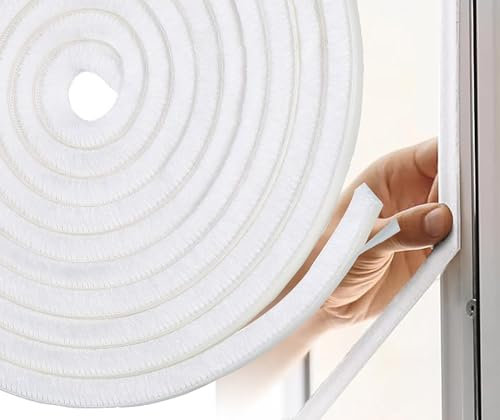 5m Draft Excluder for Doors Windows, 9mm(W) x 5mm(T) Brush Weather Stripping Tape Self-Adhesive Seal Strip, White