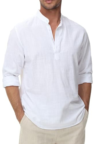 VANCOOG Camisas de algodón y lino para hombre, ligeras, informales, de manga larga, estilo Henley para playa, hawaianas