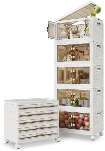 BTGGG 40L*5 Pack Aufbewahrungsboxen mit Deckel, Kunststoff-Aufbewahrungsbox Organizer Box mit Rollen, Faltbare Aufbewahrungsschubladen Stapelboxen mit Deckel mit Tür, Transparent und Stabil