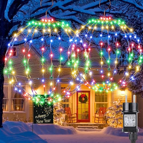 Joomer Luci Natale Esterno da Adattatore, 33cm + 28cm Sfere Luminose a LED di Natale, 8 Modalità Luci Esterne Natalizie in Metallo Pieghevoli per Decorazioni Festa Interni (144+120 LED, Multicolore)