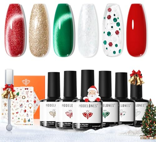 Modelones Esmaltes Semipermanentes para Uñas en Gel Navidad Rojo Verde Brillo Cat Eye 6 Colores Pintauñas Semipermanentes Uñas de Gel UV LED Soak Off Nail Polish Esmalte Uñas para Nail Art Manicura-