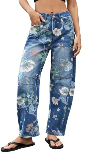 Kedera Women's Baggy Barrel Jeans Casual Boyfriend Mid Rise Leopard Printed Wide Leg Denim Ankle Pants