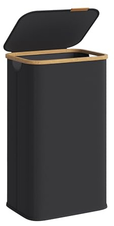 SONGMICS Laundry Basket with Lid, Washing Basket, 26 Gal. (100 L) | Oxford Fabric Laundry Hamper, Bamboo Frame, 42 x 32 x 70.5 cm,Ink Black and Light Bamboo, ROXANNE Collection LCB518BH01