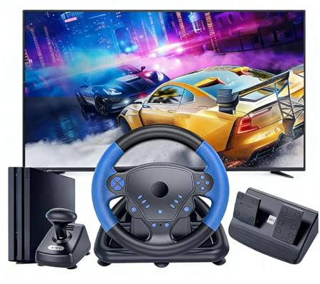 Plyisty Volant de Jeu avec Pédales et Levier de Vitesse, 135 Degrés, Volant et Pédale à Retour de Force, pour PC, TV, IOS et Console de Jeux