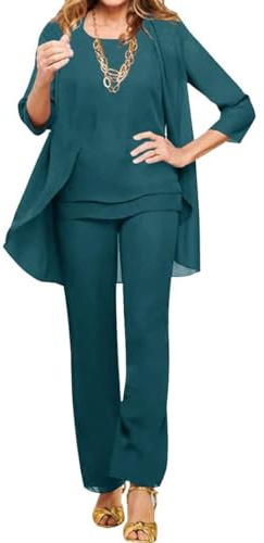 shownicer Completo Donna Elegante Tailleur 3 Pezzi Set Madre della Sposa Abiti Pantaloni in Chiffon Completi da Cerimonia Festa Set Taglia Grande Abbigliamento per Matrimoni A Verde3 M