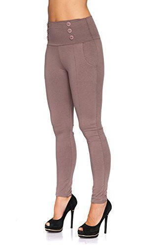 FUTURO FASHION - Damen Baumwollhose mit Taschen und Knöpfen - hoher Bund - elegant - Größe 36-46 - 1071 - Cappuccino - 38 (M)