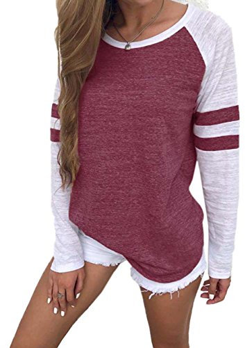 Damen Streifen Langarmshirt Tops Elegant Lose Baseball T-Shirt Sweatshirt Bluse (L,Burgundy)