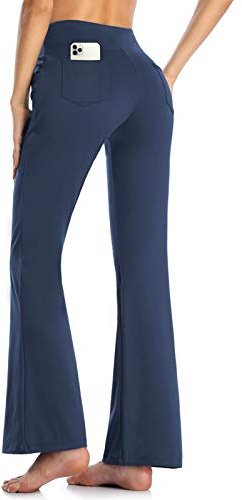 MOVE BEYOND Pantalon de Yoga Bootcut avec 4 Poches pour Femmes Pantalon Bootleg de contrôle du Ventre, Bleu, S