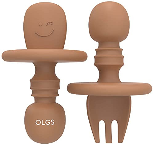 OLGS Silikon Besteck Kinderbesteck 2er Set | Esslernbesteck Babybesteck Babylöffel Baby Gabel Löffel Esslernlöffel BPA-frei Braun Clay | Lernlöffel Babygabel Kindergeschirr Fütterungslöffel für Kinder