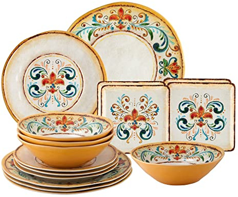 UPware 16 Piece Tuscany Melamine Dinnerware Sets, Outdoor Dishes Set, Plates and Bowls Sets, Service for 4, Multicolor
