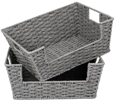 StorageWorks Round Paper Rope Woven Basket for Pantry Organizers and Storage, Stackable Wicker Pantry Baskets for Shelves, Grey, 2-Pack