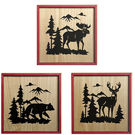 WAIU MDF Wood Cabin Decor with Bear, Deer and Moose - Woodland Rustic Wall Decoration for Home, Log Cabin, Hunting or Mountain Lodge, MDF Wooden Pictures Animal Theme Decor Set of 3