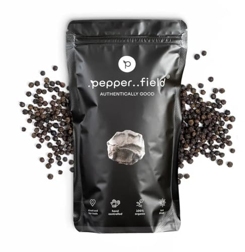 Pepper Field Poivre de Kampot noir - Poivre noir de première qualité en grains entiers du Cambodge, frais & aromatique, grains de poivre entiers pour le moulin & la cuisine, Great Taste, idéal pour cu