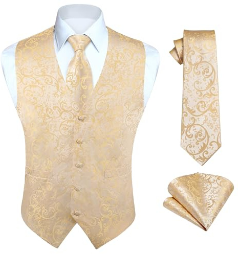 HISDERN Chaleco y corbata de jacquard floral paisley clasico para hombre y traje de chaleco cuadrado de bolsillo