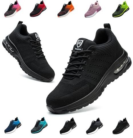 Bawalon Arbeitsschuhe Leicht Herren Sicherheitsschuhe Damen rutschfest Sportlich Stahlkappenschuhe Atmungsaktiv mit Stahlkappe Arbeitsschutzschuhe Pures Schwarz EU 39