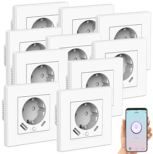 Luminea Home Control WLAN Steckdose Einbau: 10er-Set WLAN-Unterputzsteckdosen mit App, je 1x USB A, 1x USB C, 2 A (Ladeport Steckdose, Smart-WiFi-Steckdose)
