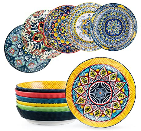 HENXFEN LEAD Pasta Salad Bowls Set of 6, Wide and Shallow Serving Bowls for Kitchen 32 Oz - 8 Inch Porcelain Soup Bowl, Pasta Plates Dishwasher & Microwave Safe - Bohemian style