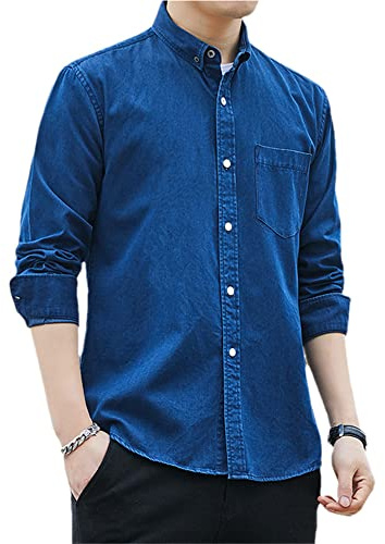 Vsadsau Klassisk jeansskjorta för män, ledig långärmad kavaj, jeansblusar, vintage skjorta, toppar, C2009 djupblå, 4XL