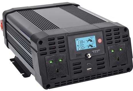 Technaxx Off-Grid Pure Sine Wave Car Power Inverter TE22 – 2000W/4000W Peak – 12V to 230V Converter with LCD, 2x UK Plugs, USB-A QC 3.0 & USB-C – TÜV Certified – Ideal for Camping & Travel