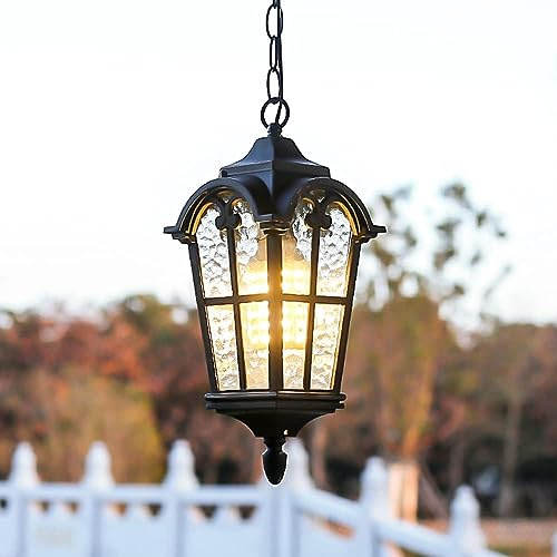 Mengjay E27 LED Utomhus Höjdjusterbar Pendellampa Retro Utomhus/Inomhus Hänglampa Svart Vattentät Metall Glas Lampskärm Pendellampa för trädgårdentré Hall Balkong Paviljong Villa Pendel (Stil:H)