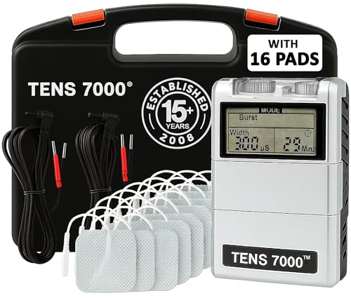 TENS 7000 Unità TENS digitale con accessori, inclusi 16 elettrodi - Unità TENS stimolatore muscolare per alleviare il dolore alla schiena, sollievo dal dolore generale, dolore al collo,