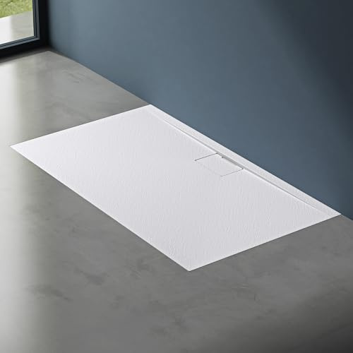 doporro Piatto Doccia Rettangolare 90x140 cm in Resina Minerale Bianco Effetto Pietra, Ultrasottile H 3 cm, Scarico Laterale con Piletta Inclusa – Geoma07