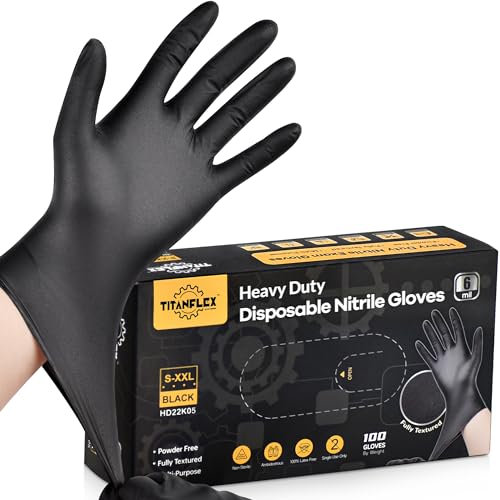 TitanFlex Heavy Duty Black Nitrile Gloves, 6-mil, Fully Textured, XL 100-ct Box, Mechanic Disposable Gloves, Work Gloves, Latex Free, Powder Free, Rubber Gloves for Food Prep