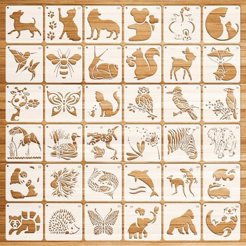 OOTSR 36 Stk Tier Schablonen, 10cm Zeichnung Malschablonen DIY Schablonen der Tierwelt, Vorlagen für Scrapbooking Holz Möbel Leinwand Deko