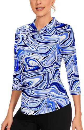 Soneven Golf Polo Shirt Damen 3/4 Ärmel Bluse Zip up Golf Polo Oberteil Langarm Sommer Funktionsshirt Damen Wandershirt Atmungsaktiv Blaue Wellen XL