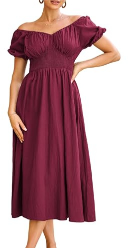 GRACE KARIN Causal Summer Beach Maxi Dress Women’s Puff Short Sleeve Wine Party Vocation Cottagecore Smock Dresses for Ladies S