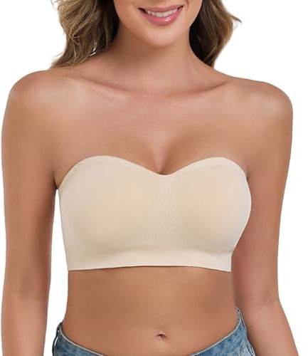 ANGOOL Women's Bandeau Bra Strapless Non-Wired Padded Seamless Multiway Convertible Straps Full Support Non-Slip, Beige, XL