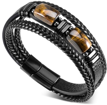 Bracciale da uomo in pelle naturale con occhio di tigre, intrecciato e chiusura magnetica, regalo per fidanzato, marito, papà o uomini, Eine Grösse