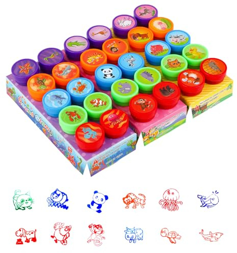 RMIVEGLIA 30 Mini Tampon Encreur Animaux Auto-encreurs, Tampon Enfant Coloré en Plastique en 5 Couleurs, Idéal comme Mini Tampon Encreur pour Anniversaire et Récompenses.