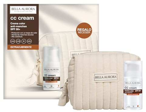 BELLA AURORA Pack CC Cream Antimanchas Extra Cubriente SPF 50+ 30ml + Neceser Regalo | Crema Color Alta Protección UVA UVB IR HEV | Atenúa Manchas Oscuras y Ofrece Cobertura Total