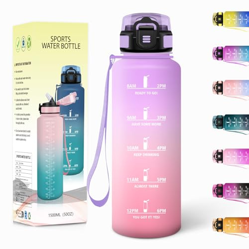 Botella Agua, 1500ML Con Paja, Botella de Agua, Cantimplora Gimnasio, Botellas Motivacional con Marcador de Tiempo, Botellas Agua Deporte, A Prueba de Fugas para Oficina, Yoga - Lila claro&Rosa claro
