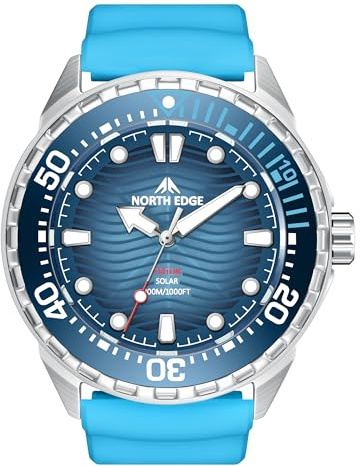 NORTH EDGE Triton Solar Taucheruhr Herren, 300M wasserdichte Quarz Armbanduhr mit Leuchtzeigern, drehbarer Lünette, Edelstahlgehäuse, Outdoor Dive Watch