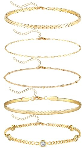 Dochais 5 st guldarmband för kvinnor, 18K guldpläterade staplingsarmband, rep, kubansk figaro, fiskbenspärla, kedja, armband, justerbar, CZ-länk, guldarmband, set för kvinnor flickor