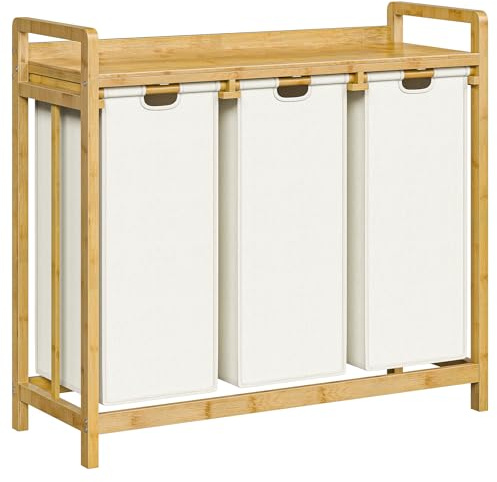 HOOBRO Cesto de Ropa Sucia de 3 Compartimentos, Clasificador de Ropa con Estante, Bolsas de Tela Oxford Desmontables de 3 x 43 L, Marco de Bambú, para Dormitorio, Baño y Salón, Natural EYL82XY01