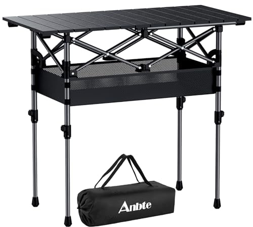 Anbte 3ft Aluminum Roll Top Folding Camping Table, Portable, 82x40cm, Black | 2 Heights, with Storage Net & Bag, Support 45 kg, Lightweight Roll Up Table for Tailgating Outdoor Cooking BBQ Patio Travel