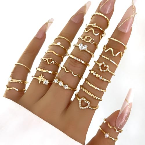 XPEX 28Stück Ringe Gold Damen Frauen, Boho Goldener Stapelringe Daumenring Ring Schmuck für Damen Mädchen