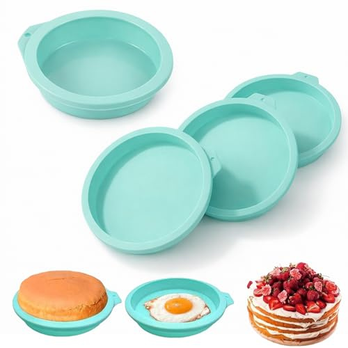 4 PCS Air Fryer Egg Moulds, Silicone Cake Baking Pan Reusable 4'' Round Ramekins for Fried Eggs Muffin Sandwiches Burger Buns, Egg Poacher Air Fryer Accessories (Cyan)
