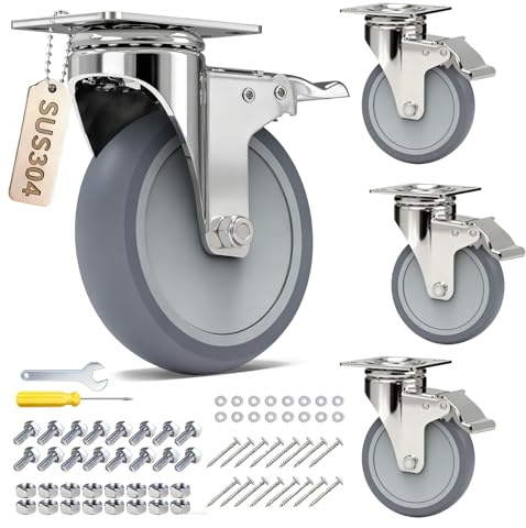 5 Inch Stainless Steel Caster Wheels with Brake, Heavy Duty PU Industrial Casters Set of 4, Rust-Proof Anti-Corrosion Swivel Wheels for Furniture Labs Hospitals Restaurants