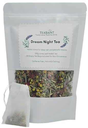 TeaSaint Dream Night Tea – Calming Bedtime Herbal Sleep Blend | Chamomile, Lavender, Lemongrass & Rooibos | Caffeine-Free Evening Relaxation Tea | 100g Loose Leaf ≈ 100 Cups