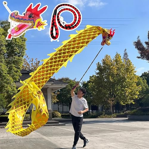 Wu Long Drakebandsvitmellanlägg, Drakepoi-dansband Med Fjäll Och Huvud, Slungande Drakeband Med Jonglering For Utomhusbruk(Yellow,10m (32.8 ft))
