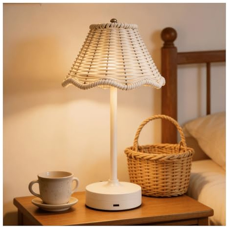 Yanmis Rattan Table Lamp, Rechargeable Boho Bedside Table Lamp, 1200mAh Cordless Lamps with 3 Brightness Options, for Bedroom Living Room Office (White)