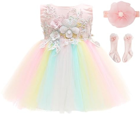 KRUIHAN Vestito da Bambina Arcobaleno,Ricamo Tulle Estivo Vestito da Principessa per Battesimo,Compleanno,Matrimonio,Festa,con Fascia,Calzini,Borsa a Cuore di Paillettes e Confezione Regalo,12M